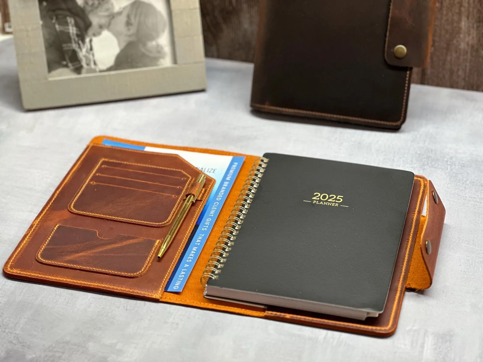 2025 Leather Planner, Company Gift, Personalized & Refillable Journal with Leather Cover and Pen