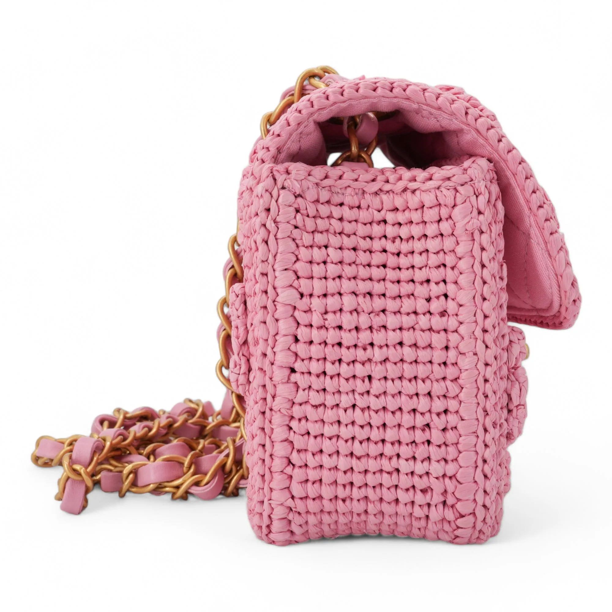 24P Pink Braided Raffia Classic Mini Rectangular Flap Bag