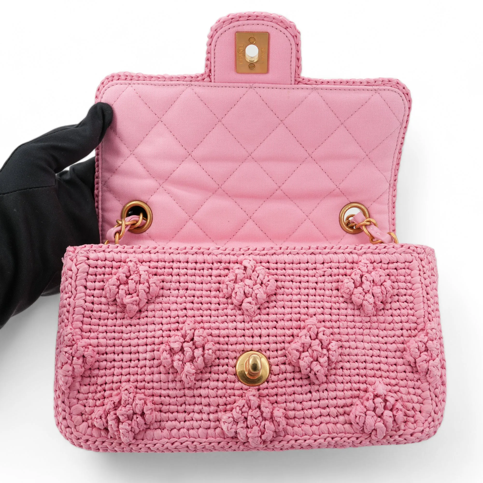 24P Pink Braided Raffia Classic Mini Rectangular Flap Bag