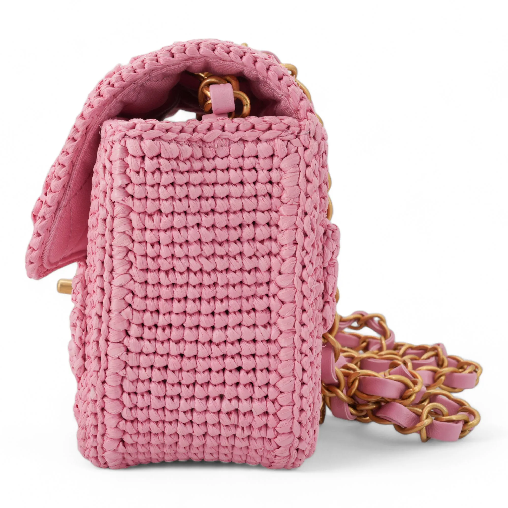 24P Pink Braided Raffia Classic Mini Rectangular Flap Bag