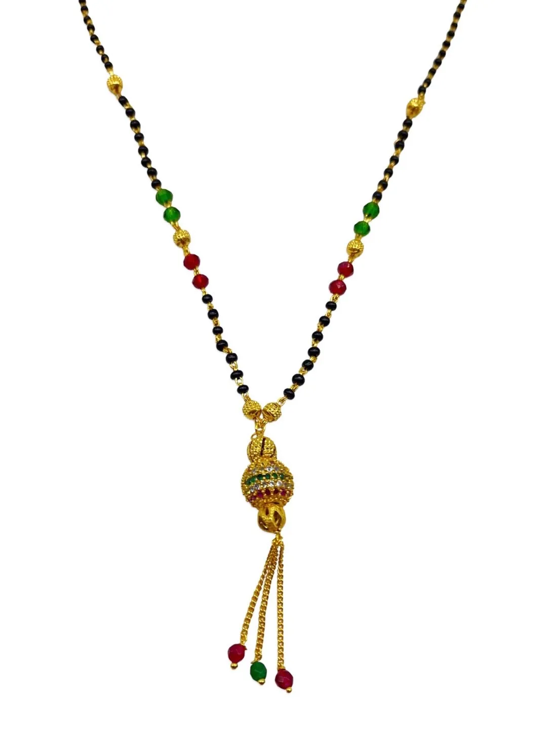 Artificial Gold Plated American Diamond Short Mangalsutra Ball Designs Gold & Black Beads Chain
