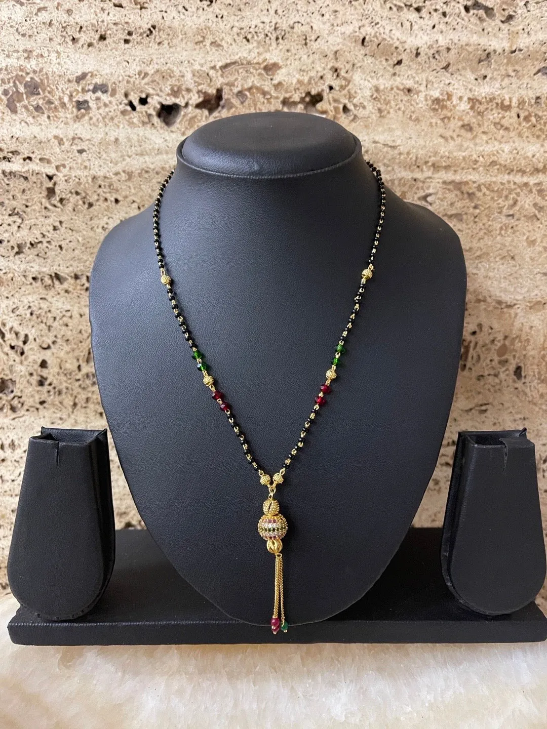 Artificial Gold Plated American Diamond Short Mangalsutra Ball Designs Gold & Black Beads Chain