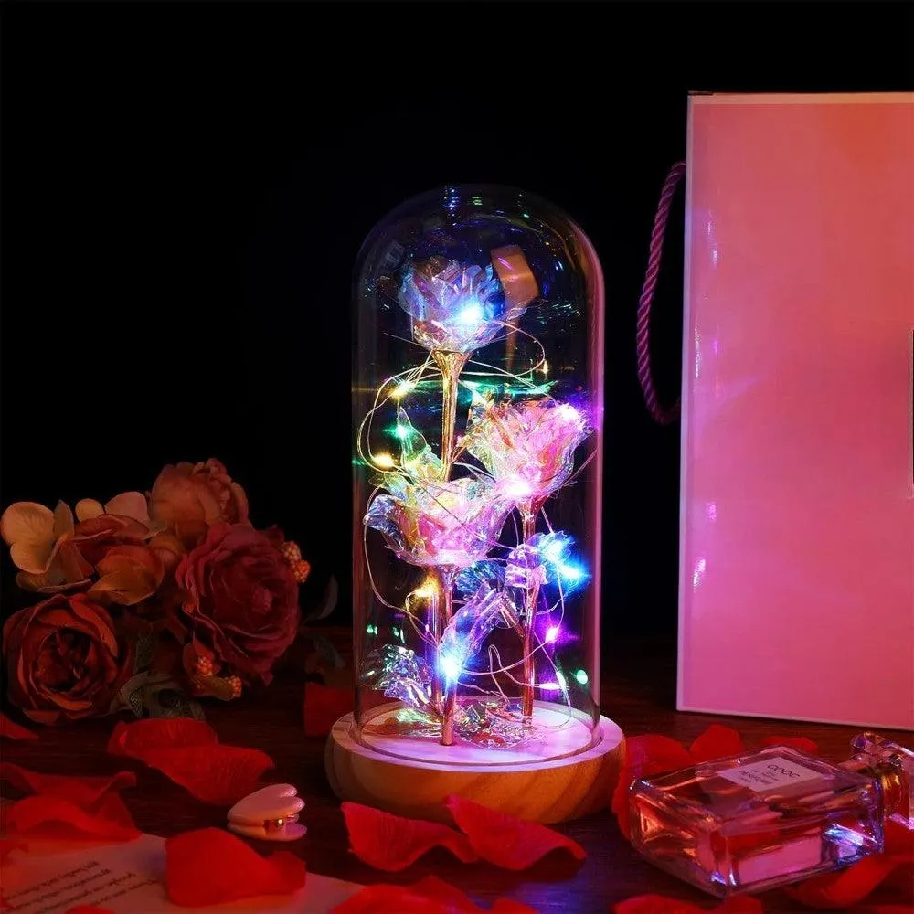 Artificial Roses In Glass Dome With LED Lights