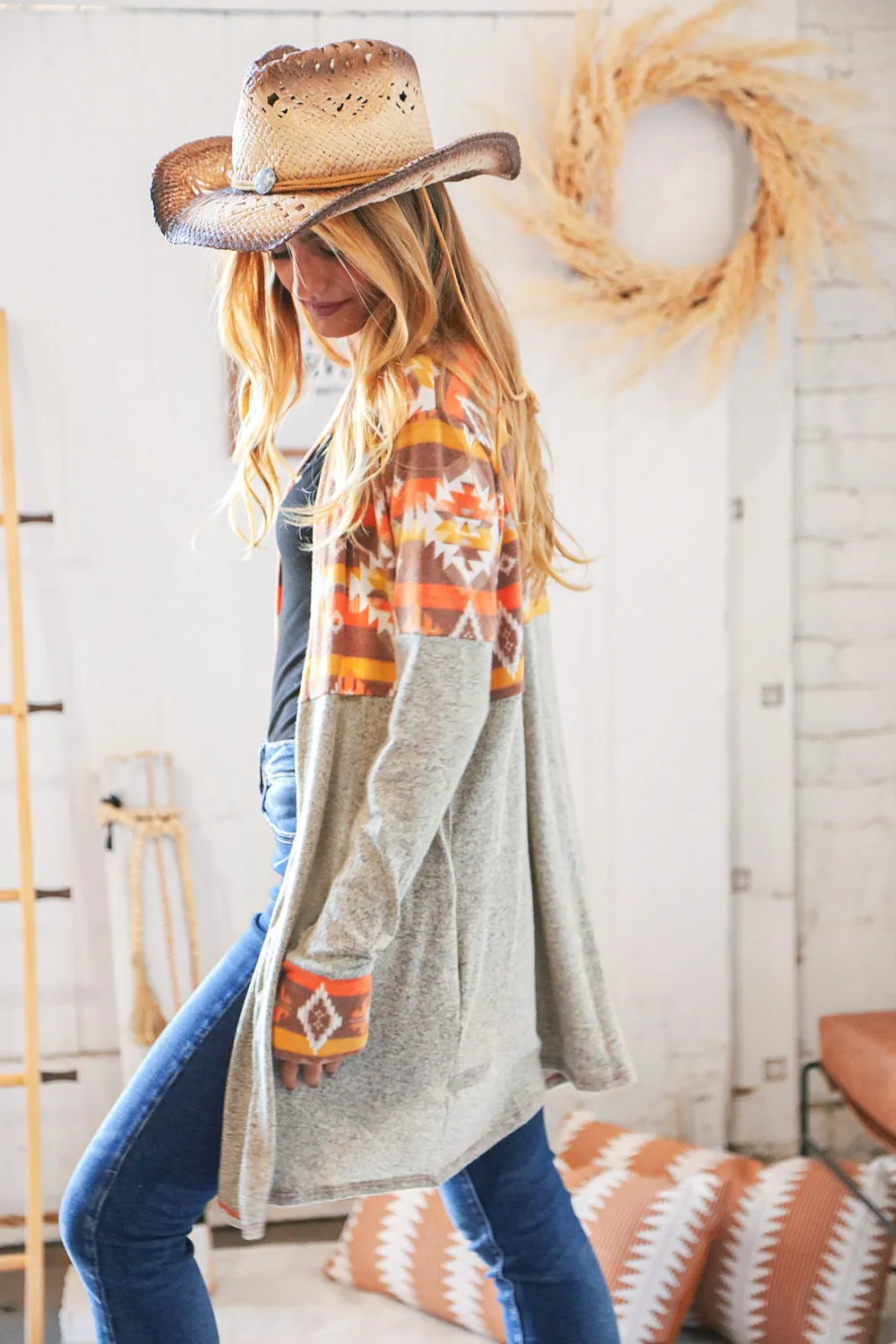 Aztec & Grey Hacci Color Block Pocketed Cardigan