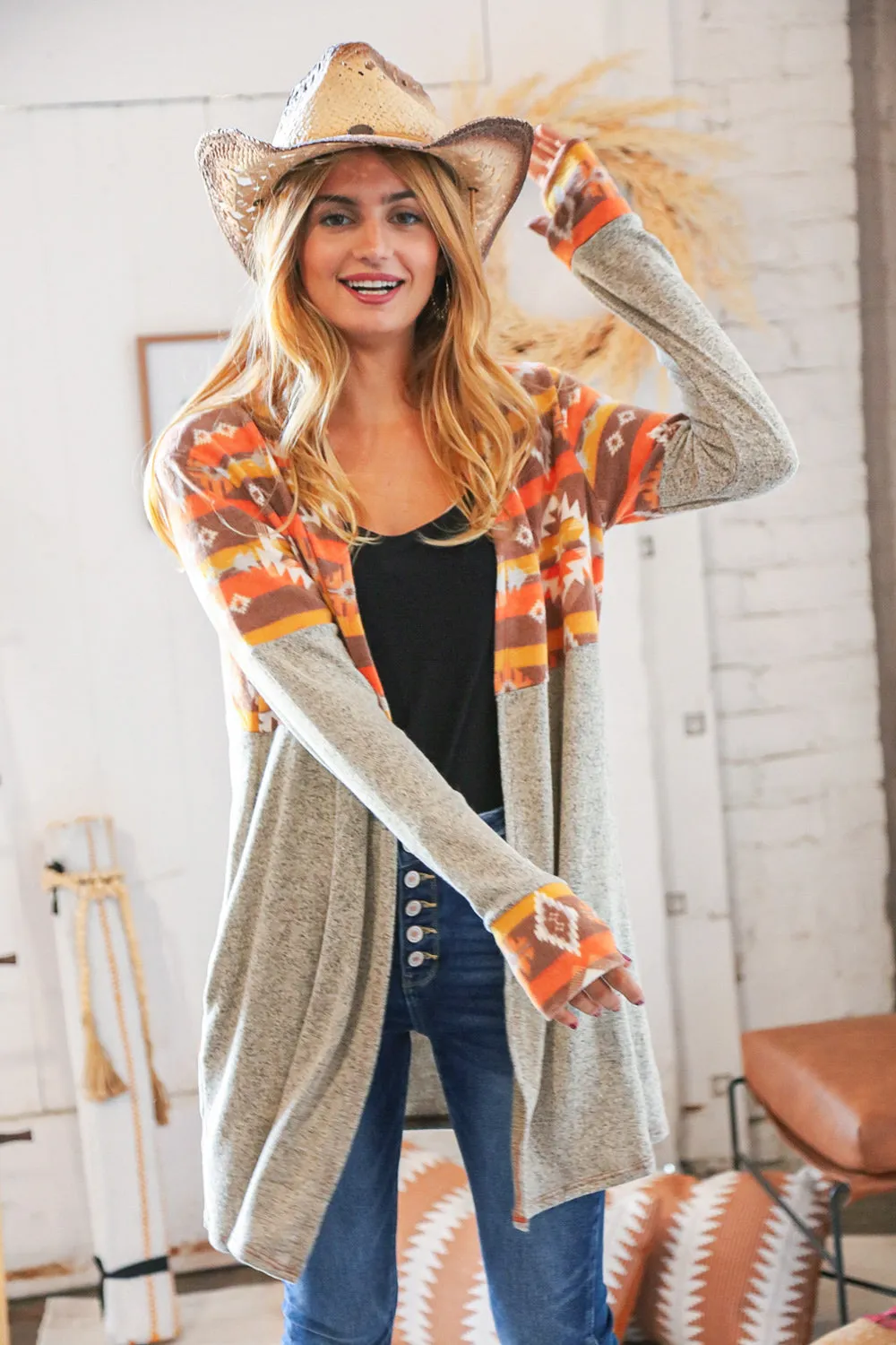 Aztec & Grey Hacci Color Block Pocketed Cardigan