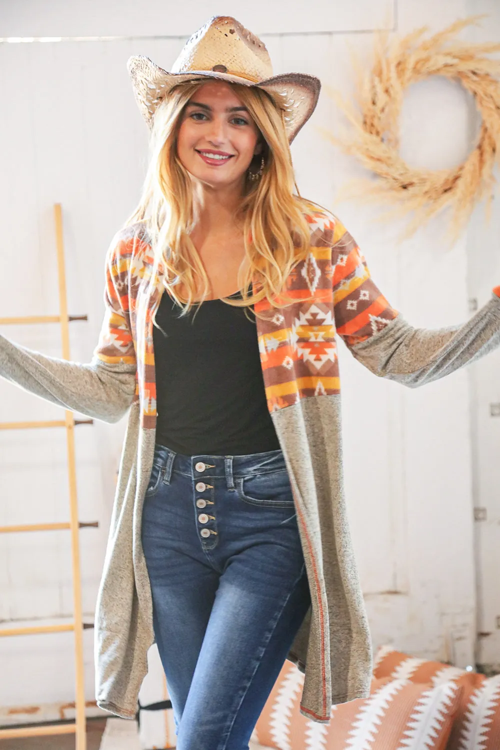Aztec & Grey Hacci Color Block Pocketed Cardigan