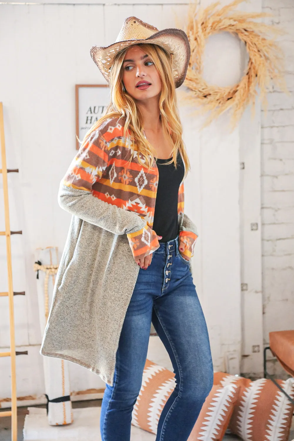 Aztec & Grey Hacci Color Block Pocketed Cardigan