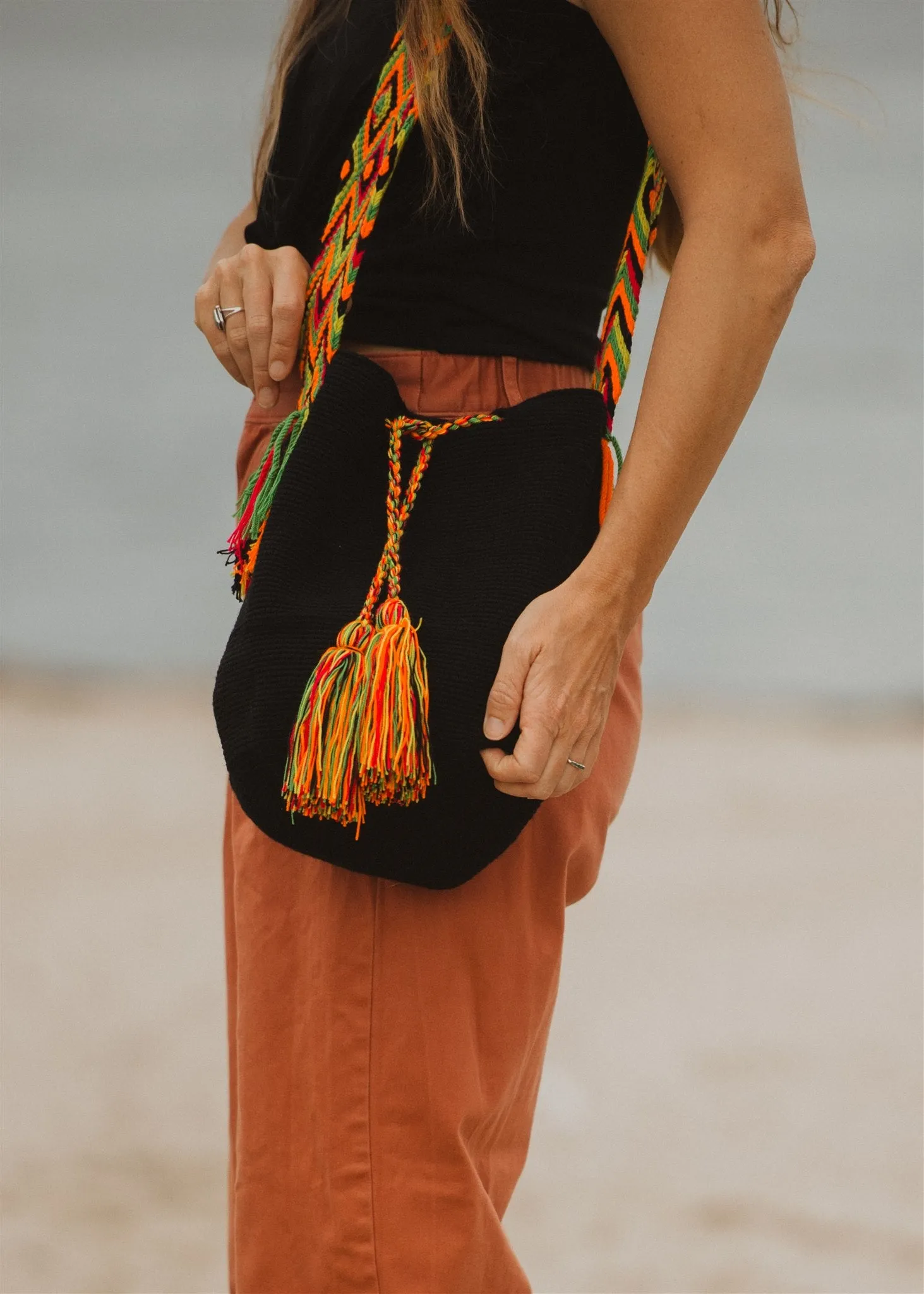 Black and Rainbow Boho Crochet Shoulder Bag
