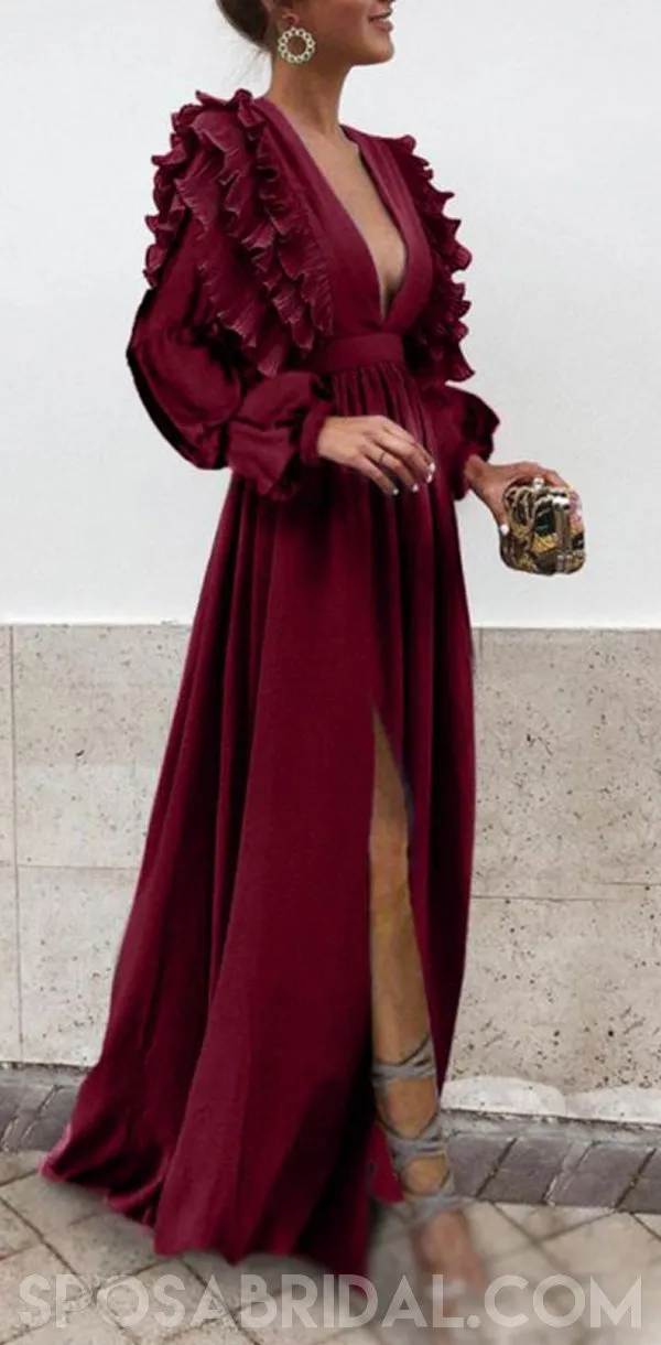Boho Colorful Chiffon V-neck A-line Cheap Bridesmaid Dress, Long Prom Dress, PD1100