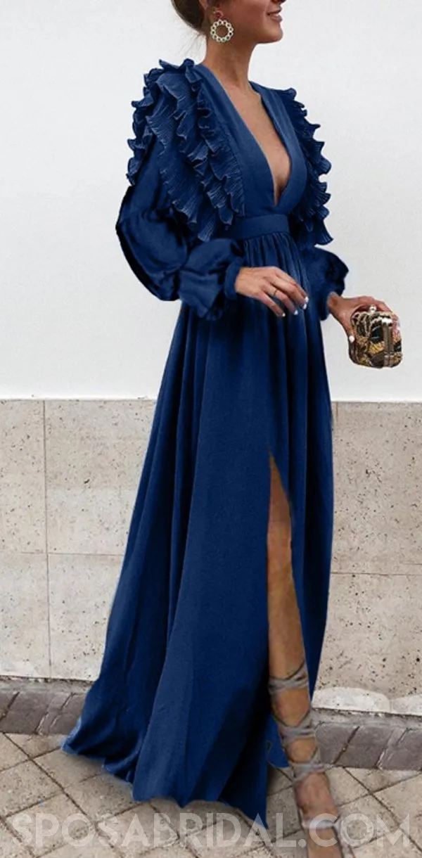Boho Colorful Chiffon V-neck A-line Cheap Bridesmaid Dress, Long Prom Dress, PD1100