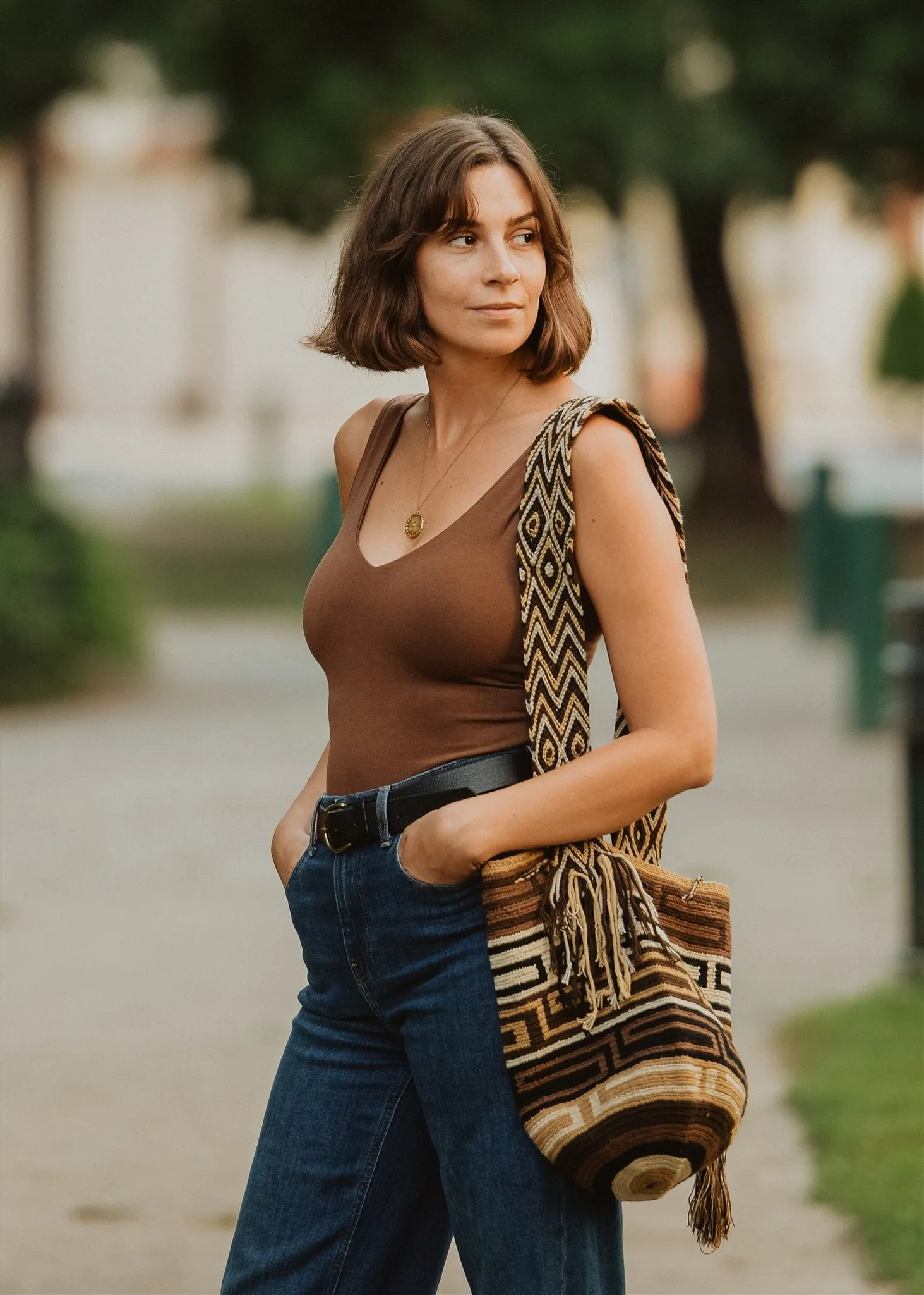 Brown & White Crochet Boho Shoulder Bag