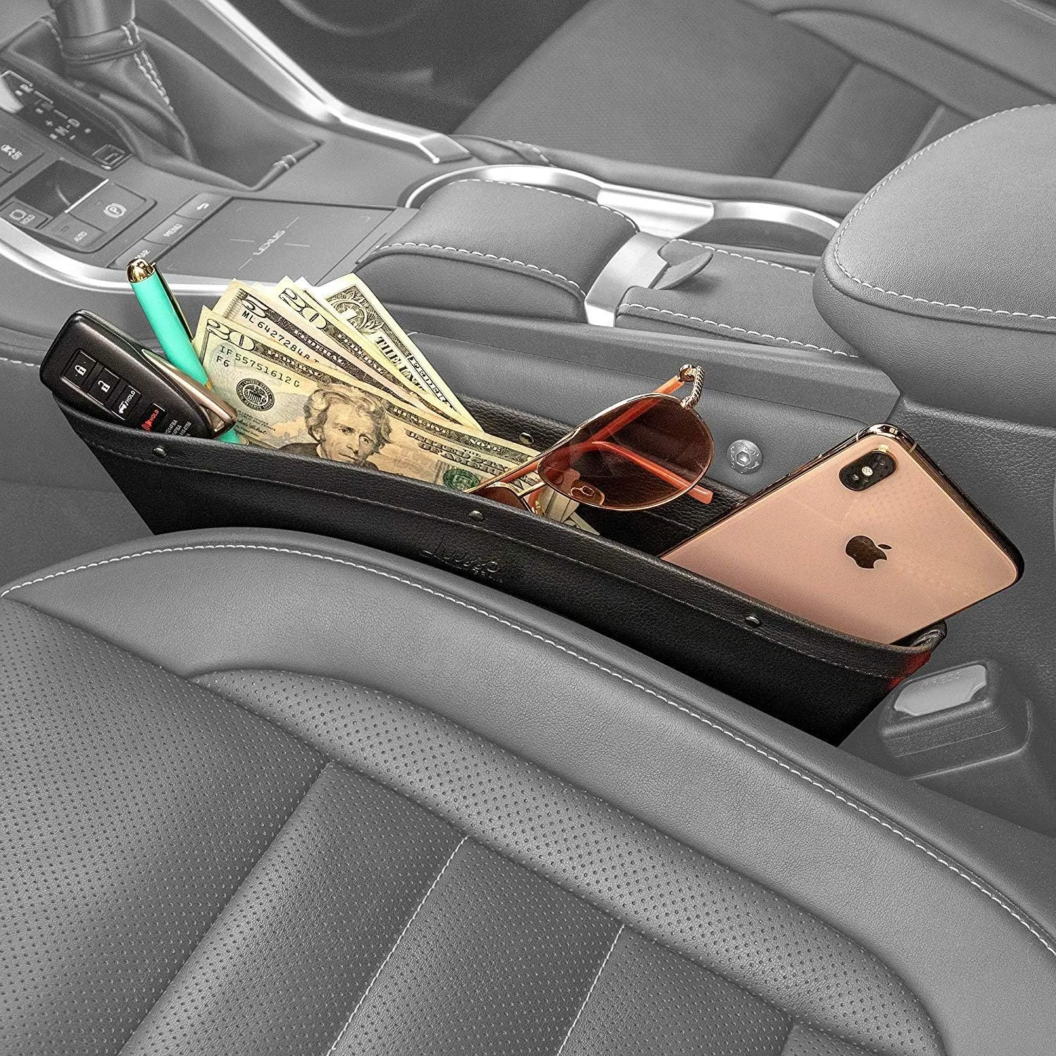 Car Seat Gap Filler and Storage Organizer Between Seats Vegan Leather 2 Pack NEW