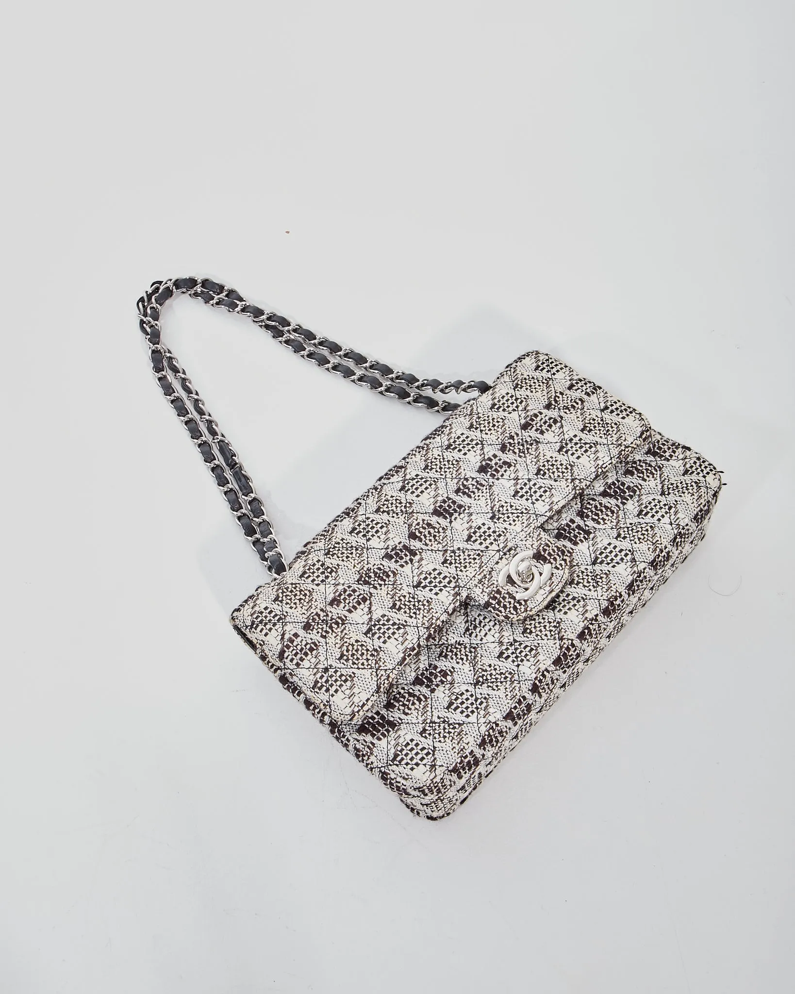 Chanel Black/White Tweed Fabric Classic Double Flap Bag