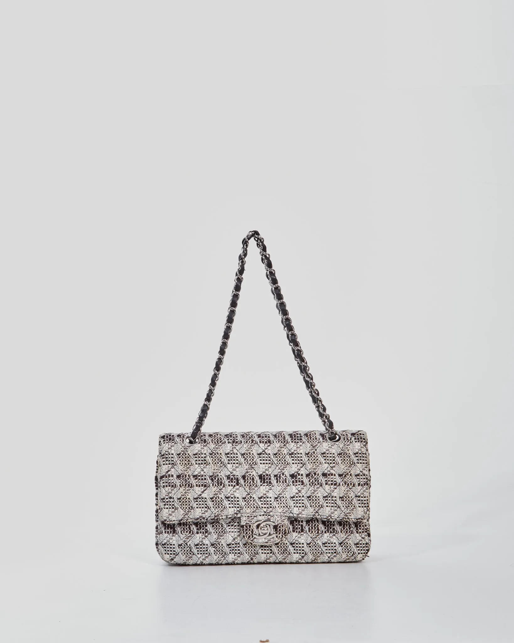 Chanel Black/White Tweed Fabric Classic Double Flap Bag
