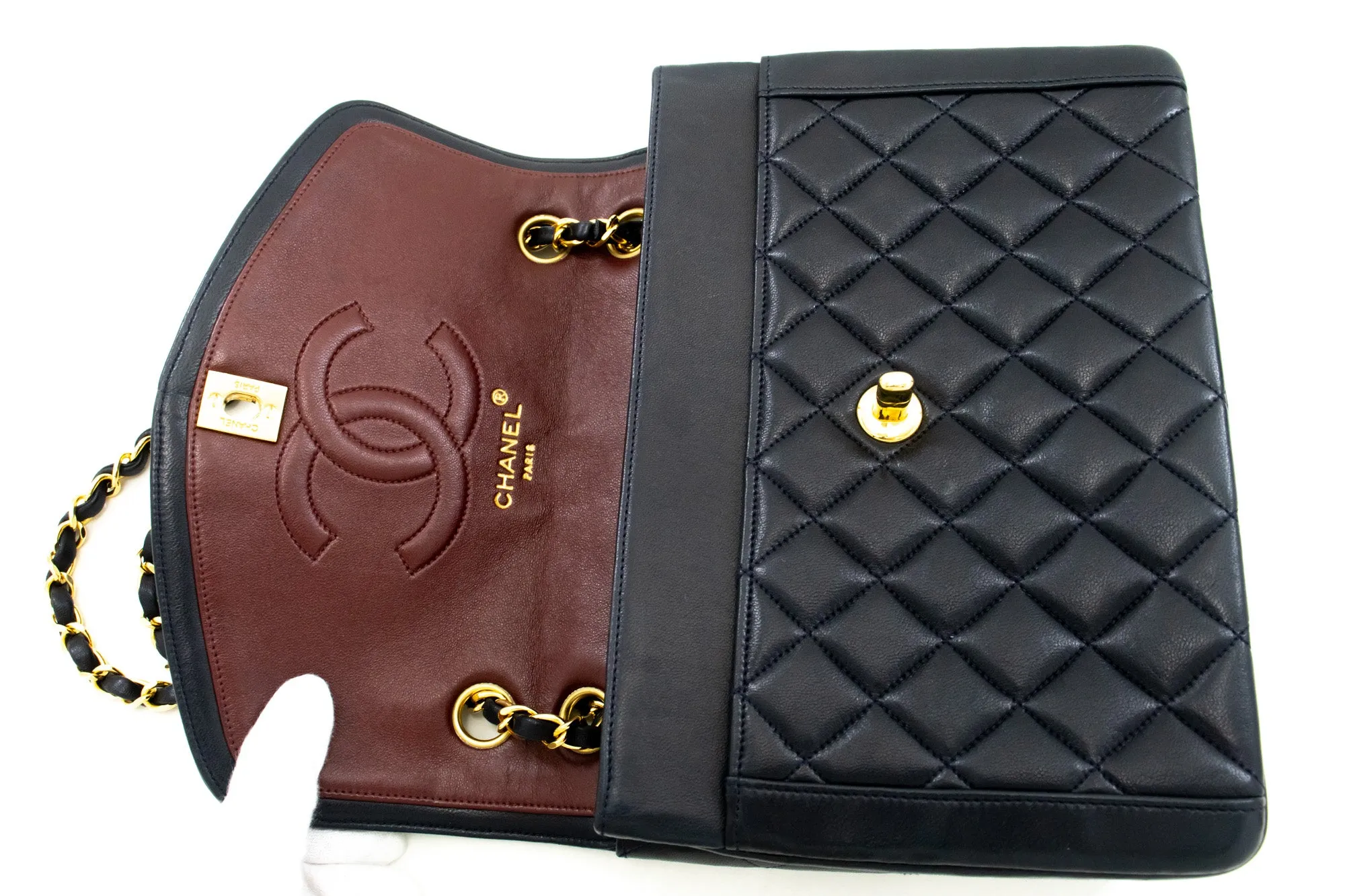 CHANEL NAVY Vintage Chain Shoulder Bag Lambskin Quilted Flap Purse m42