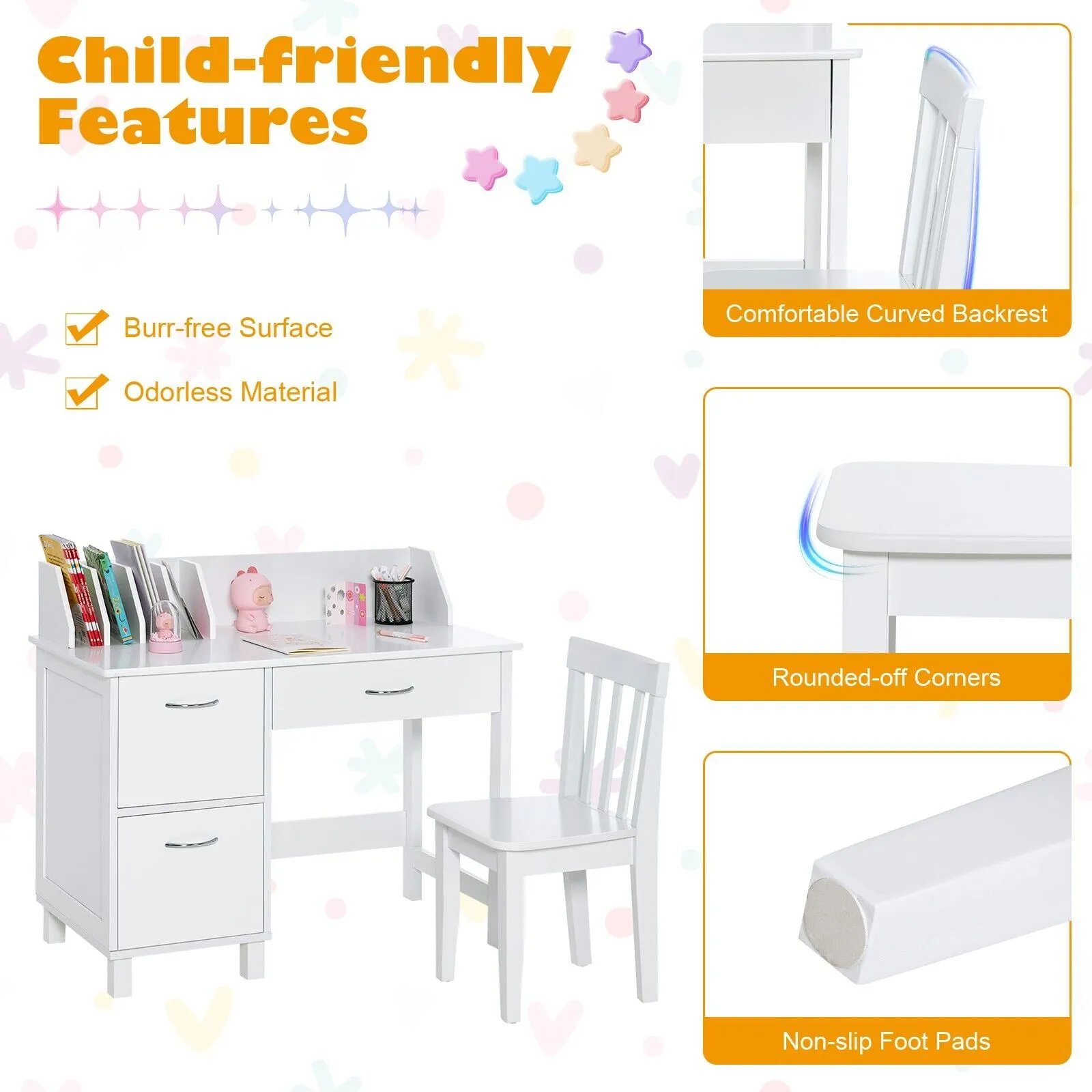 Children's Montessori Homework Desk | Storage Cupboard & Chair | White | 3-10 Years
