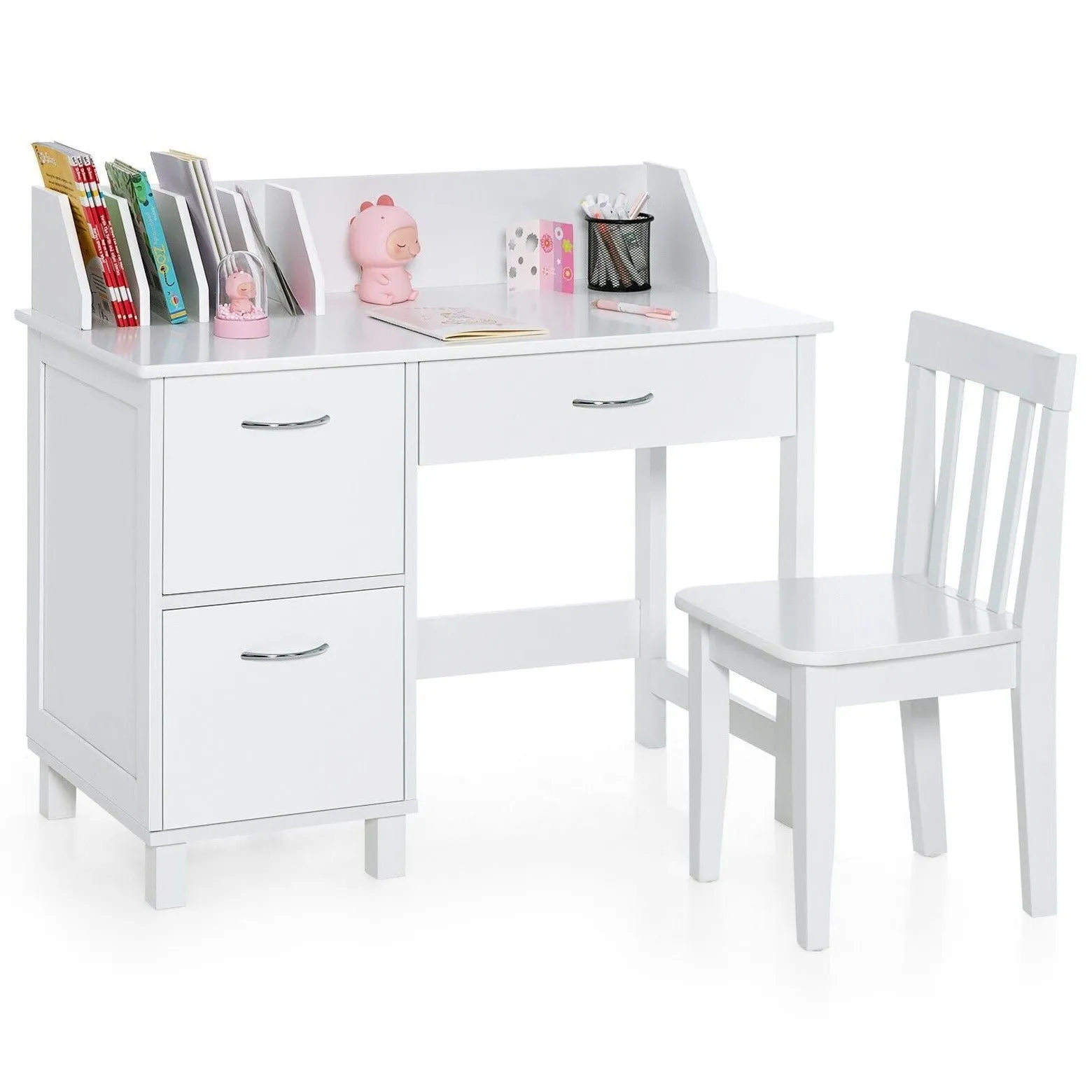 Children's Montessori Homework Desk | Storage Cupboard & Chair | White | 3-10 Years