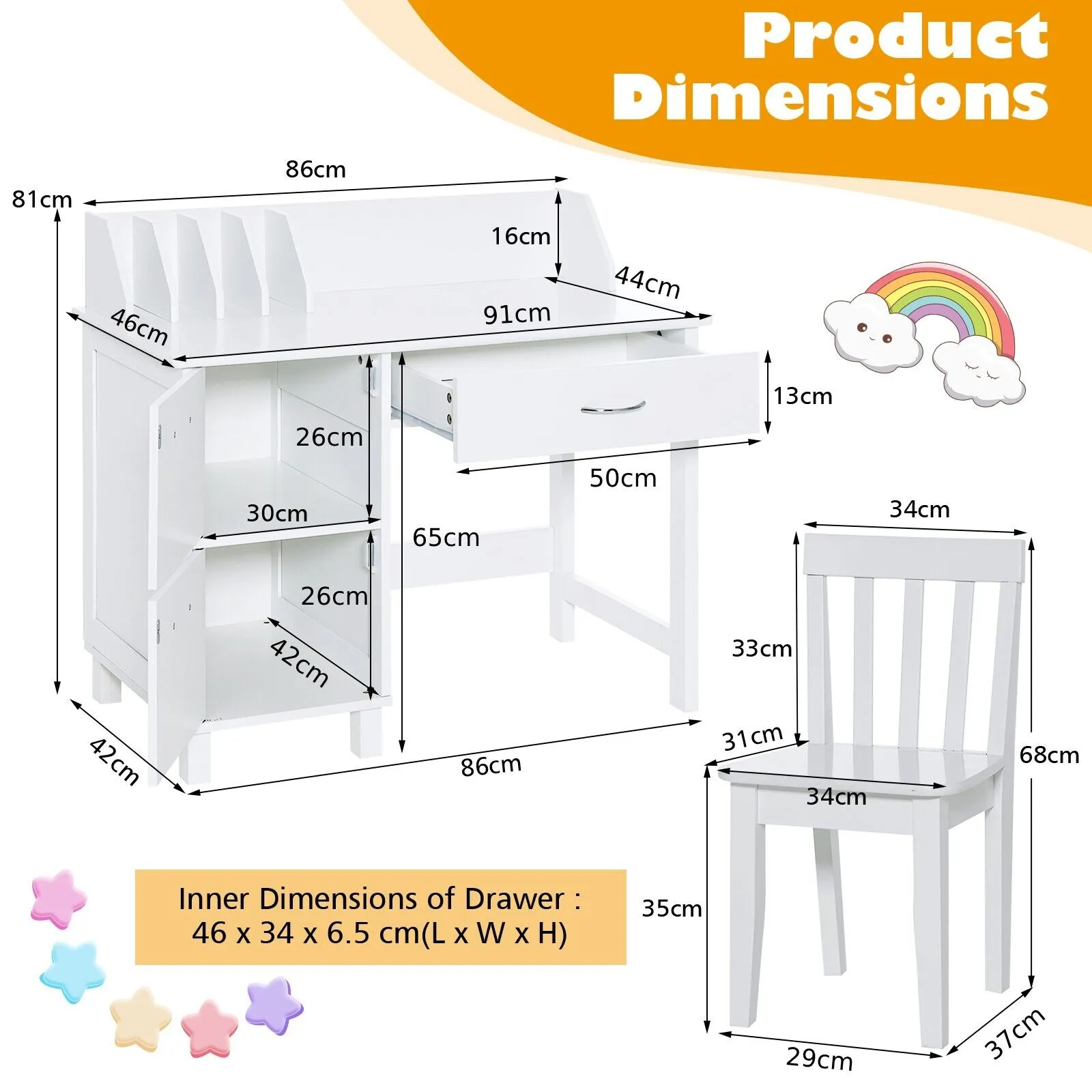 Children's Montessori Homework Desk | Storage Cupboard & Chair | White | 3-10 Years