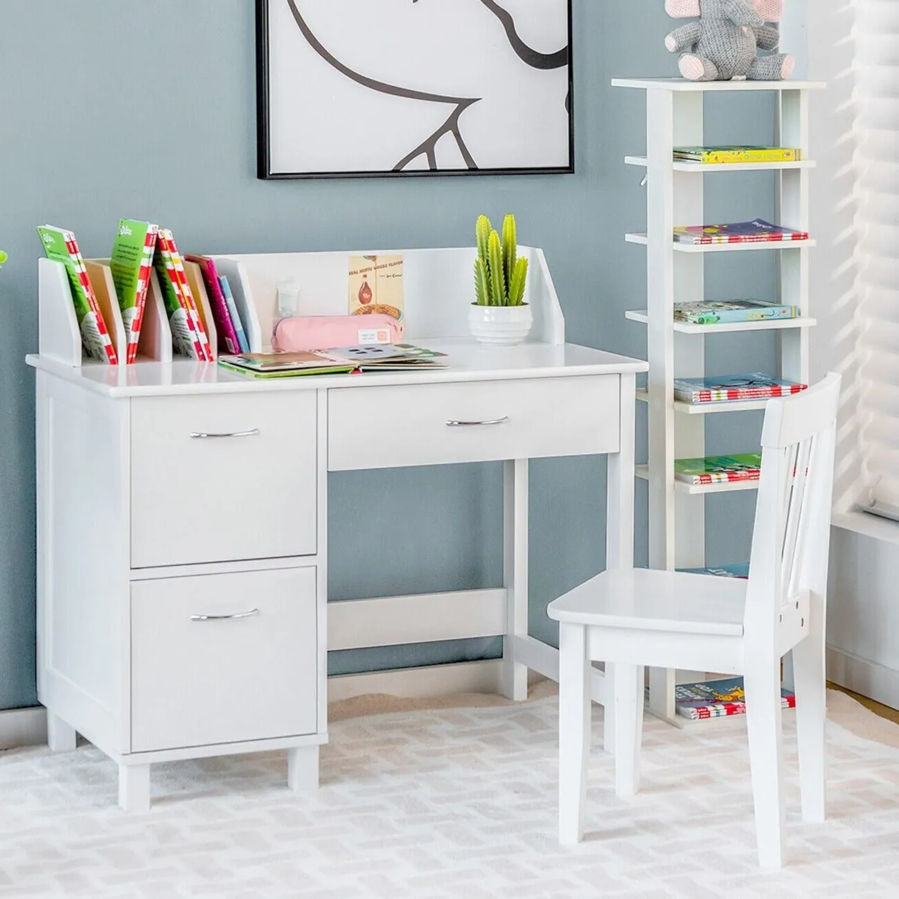 Children's Montessori Homework Desk | Storage Cupboard & Chair | White | 3-10 Years