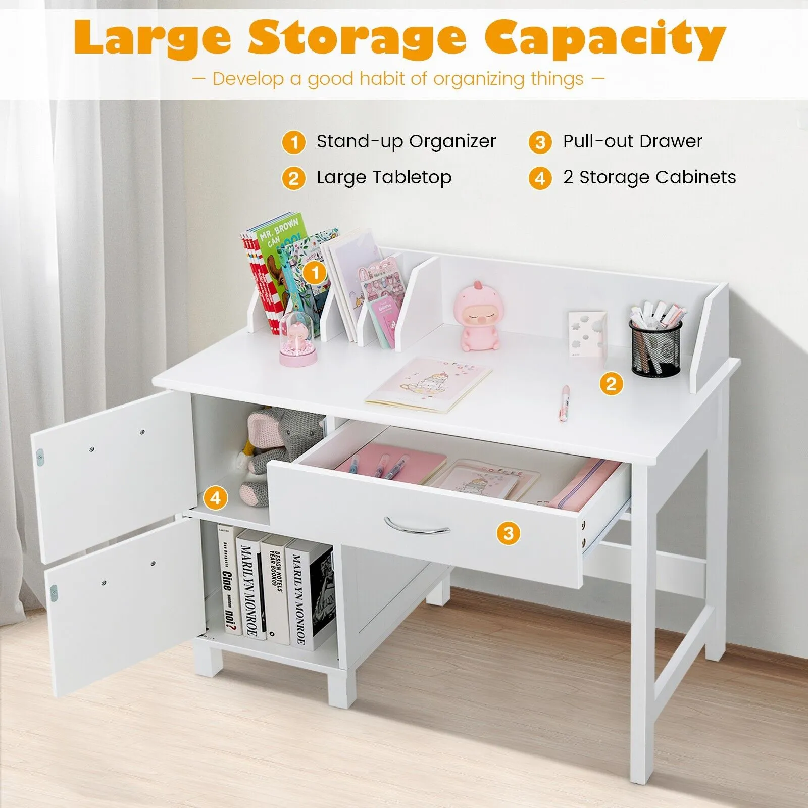 Children's Montessori Homework Desk | Storage Cupboard & Chair | White | 3-10 Years