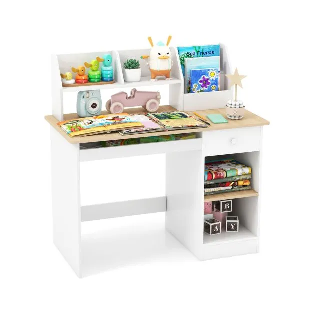 Children's White Homework Desk | Bureau | Storage Shelves & Drawer | 5-14 Years