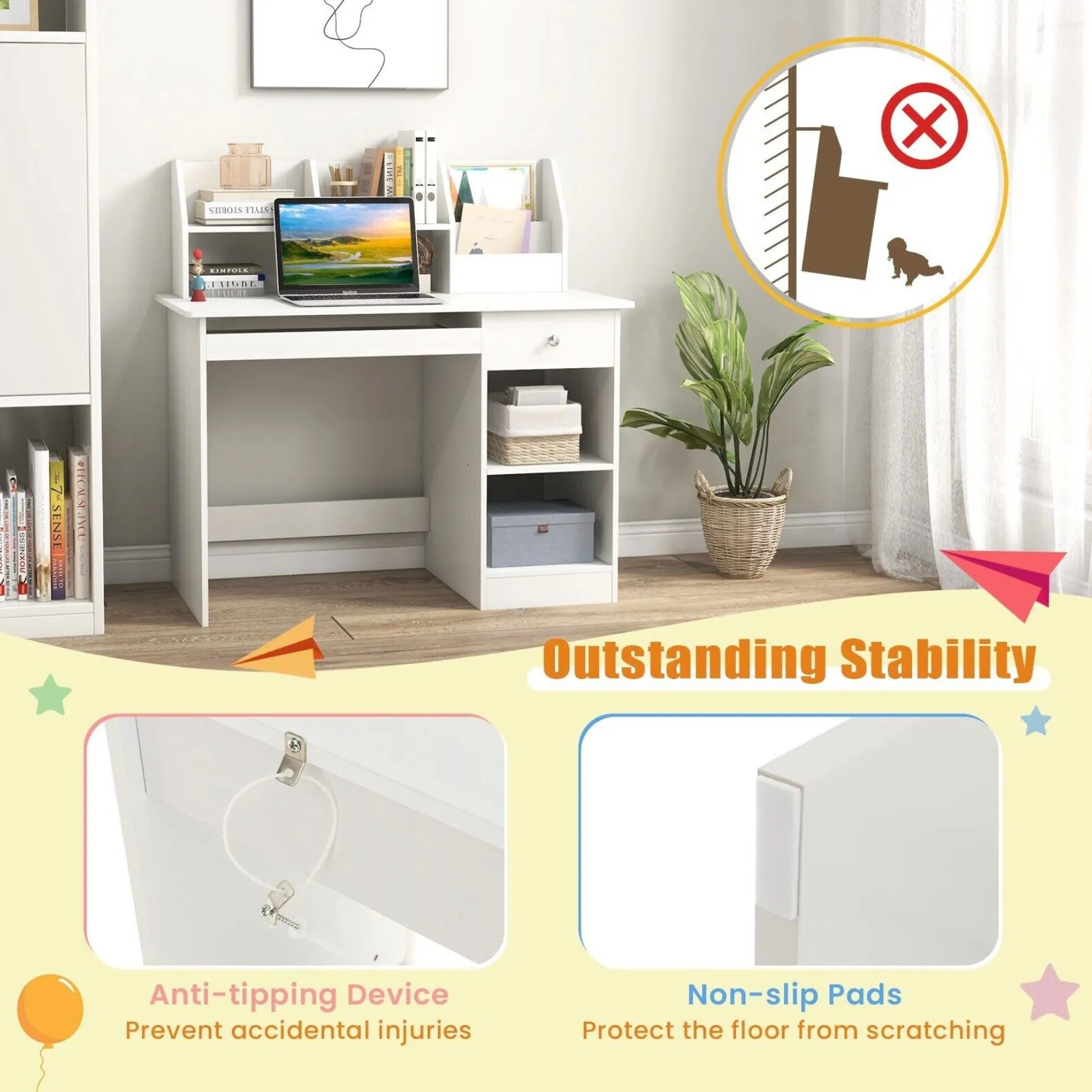 Children's White Homework Desk | Bureau | Storage Shelves & Drawer | 5-14 Years