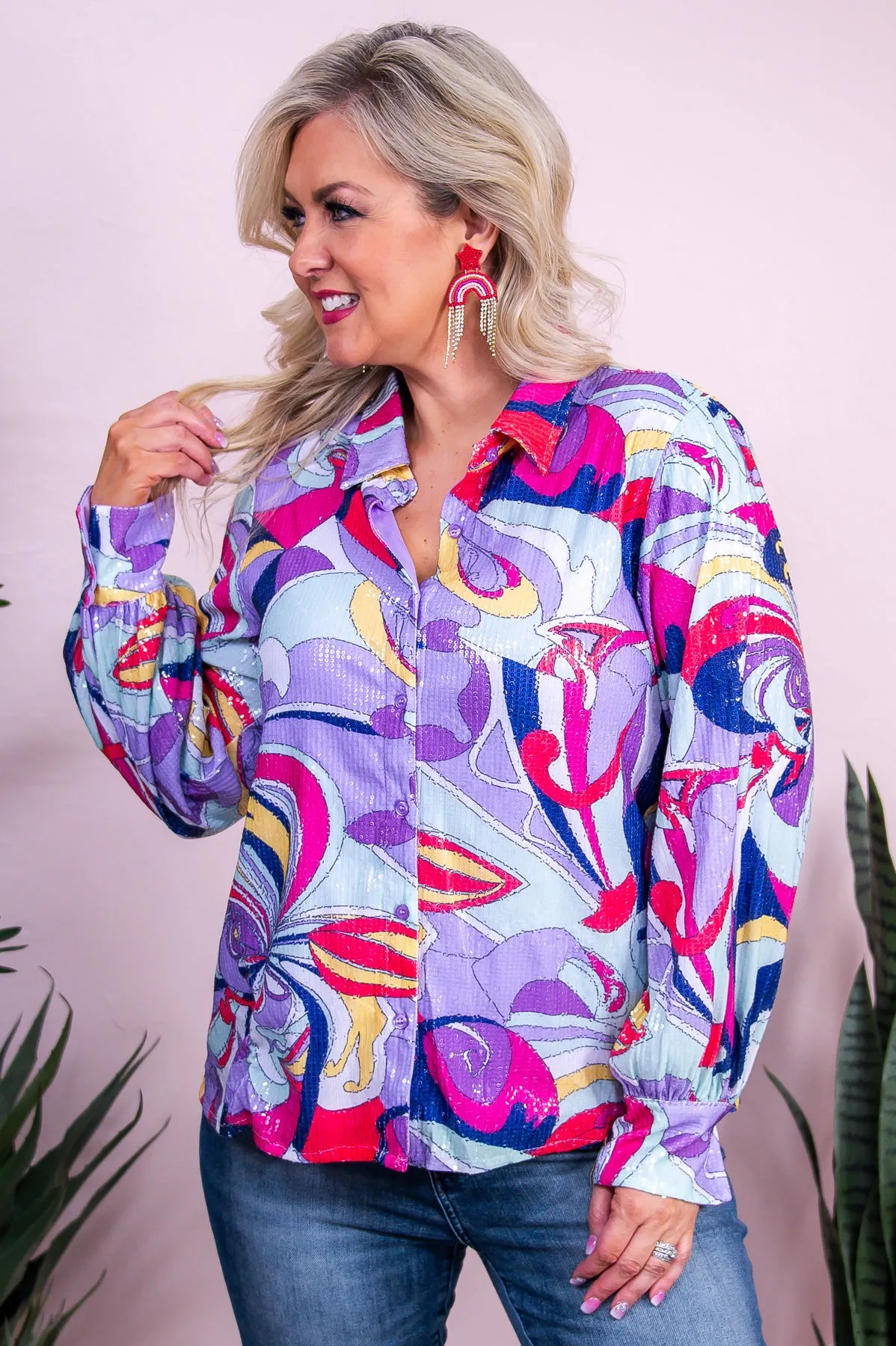 Colorful Sensation Purple/Multi Color Printed Sequin Top - T10078PU
