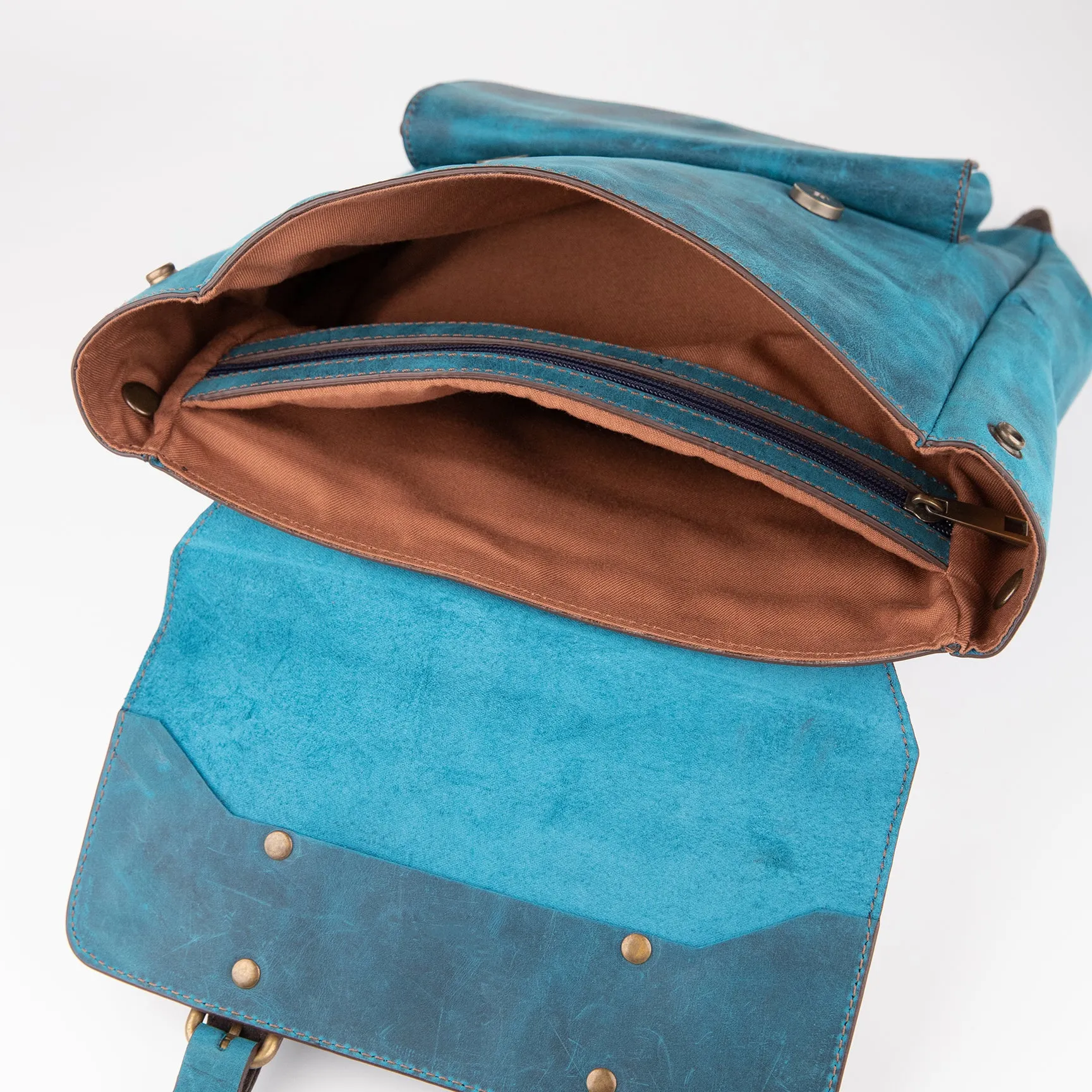Crazy Horse Leather Expandable Backpack - Turquoise