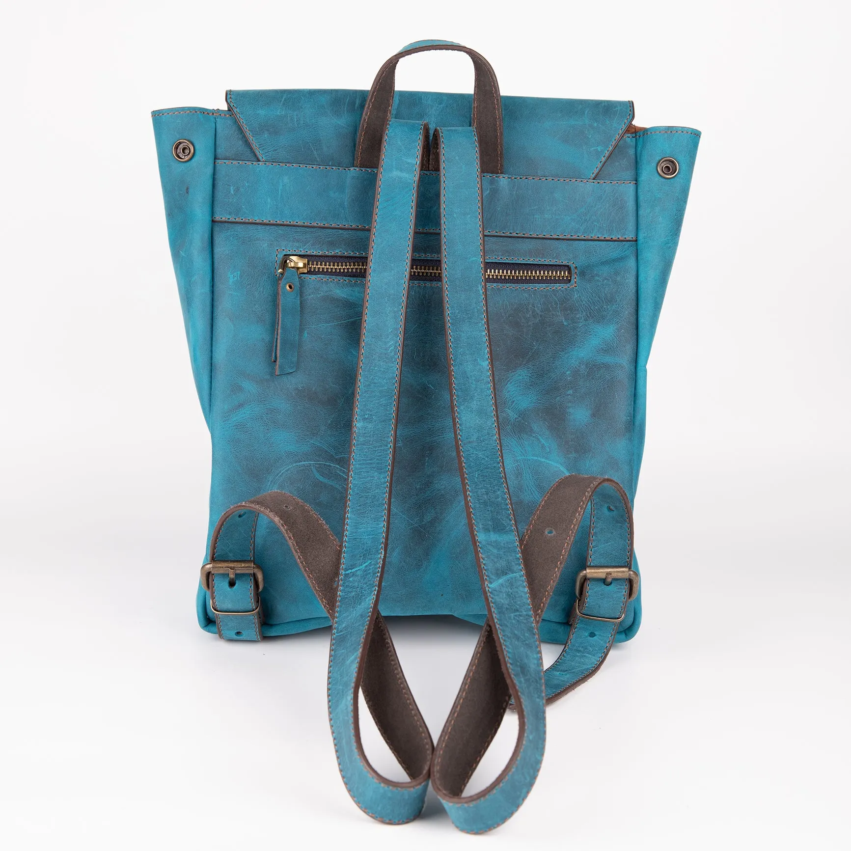 Crazy Horse Leather Expandable Backpack - Turquoise