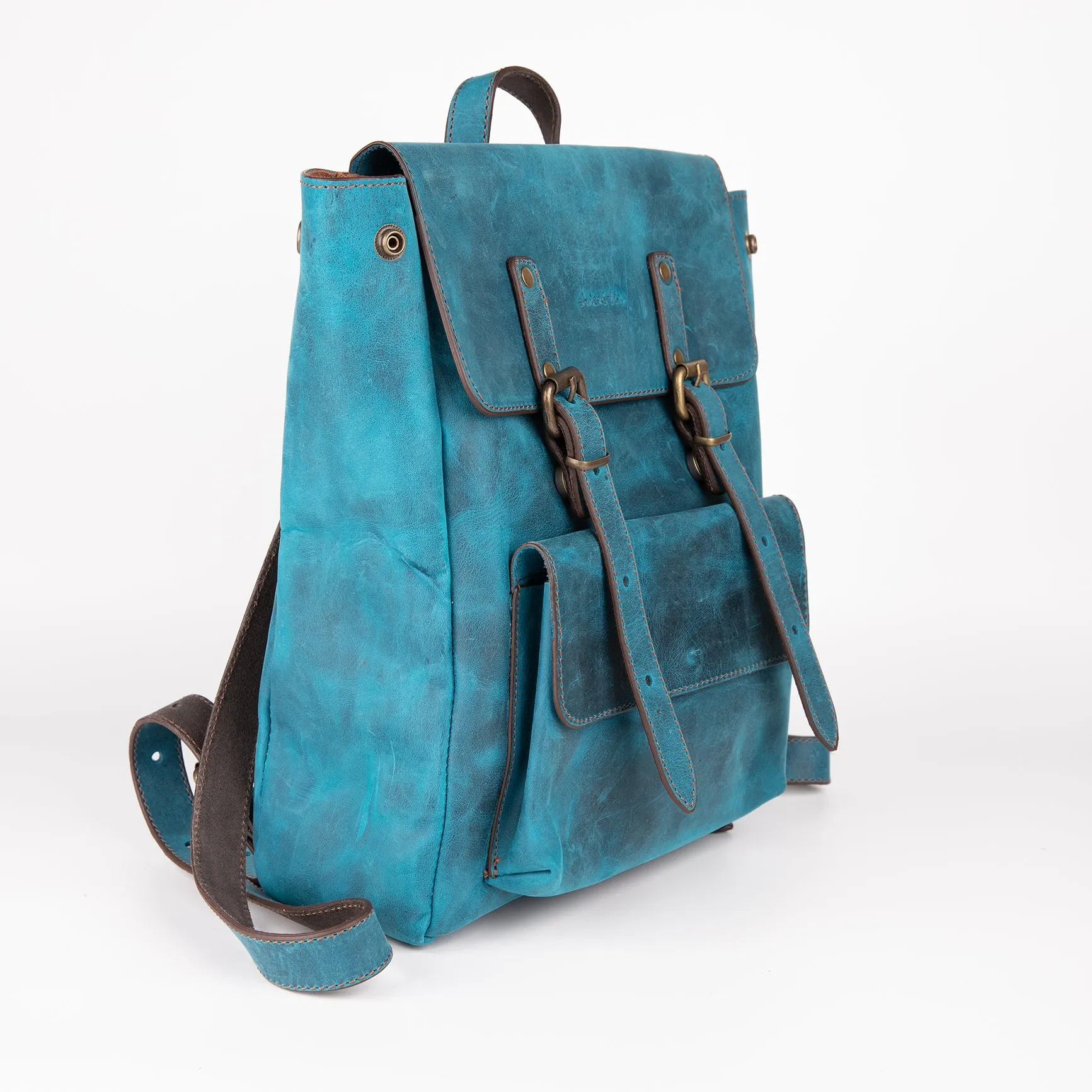 Crazy Horse Leather Expandable Backpack - Turquoise