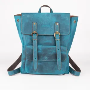 Crazy Horse Leather Expandable Backpack - Turquoise