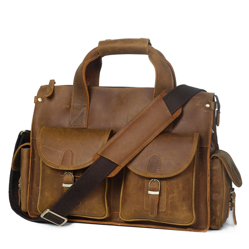 Crazy Horse Leather Men Messenger Bags Vintage Briefcases Leather Laptop Bag