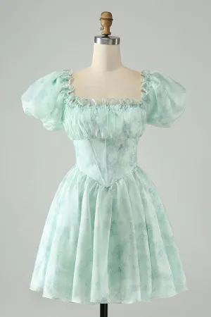 Cute Light Green A Line Square Neck Floral Short Homecoming Dress with Ruffles