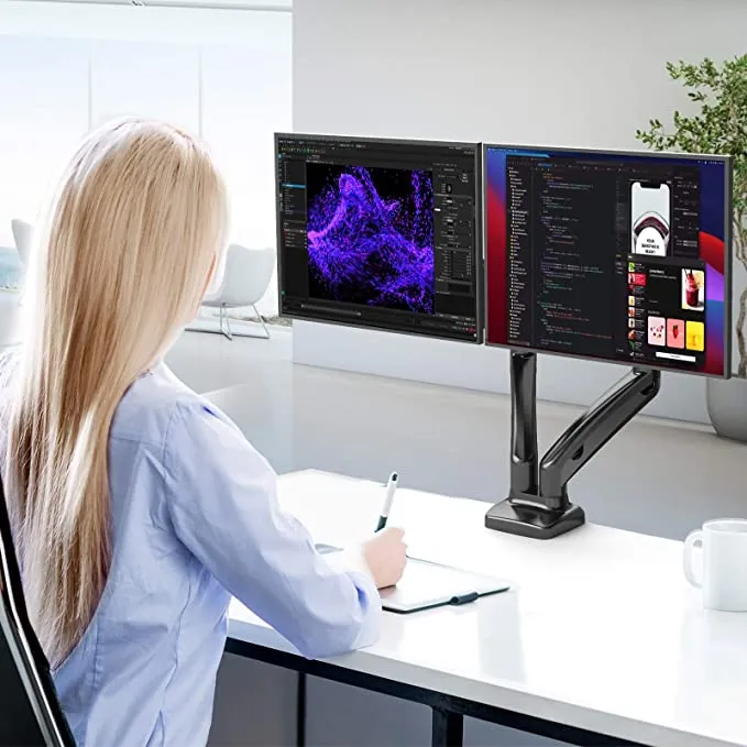 Dual Arm Monitor Stand - Adjustable Gas Spring Computer Desk Mount VESA Bracket with C Clamp/Grommet Mounting Base for 13 to 27 Inch Computer Screens