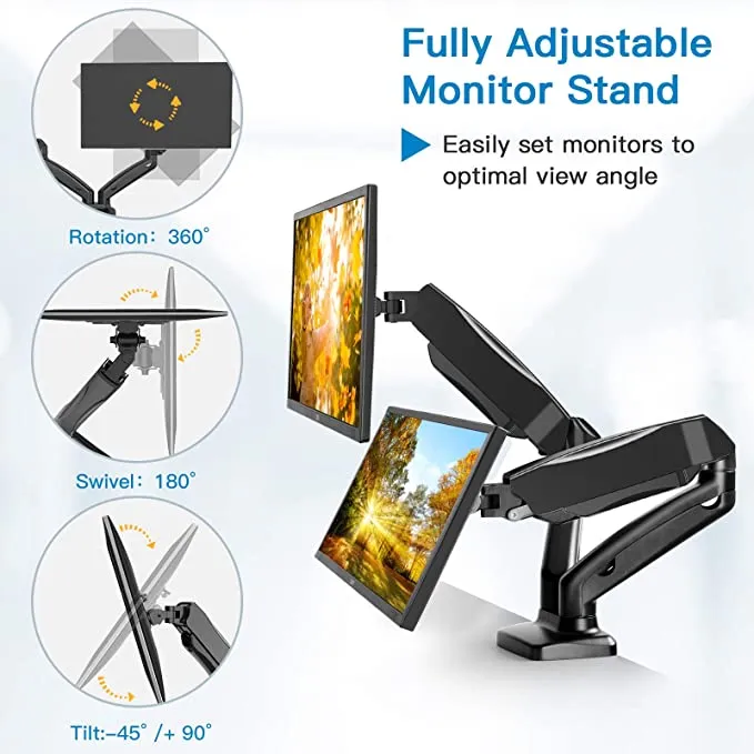Dual Arm Monitor Stand - Adjustable Gas Spring Computer Desk Mount VESA Bracket with C Clamp/Grommet Mounting Base for 13 to 27 Inch Computer Screens