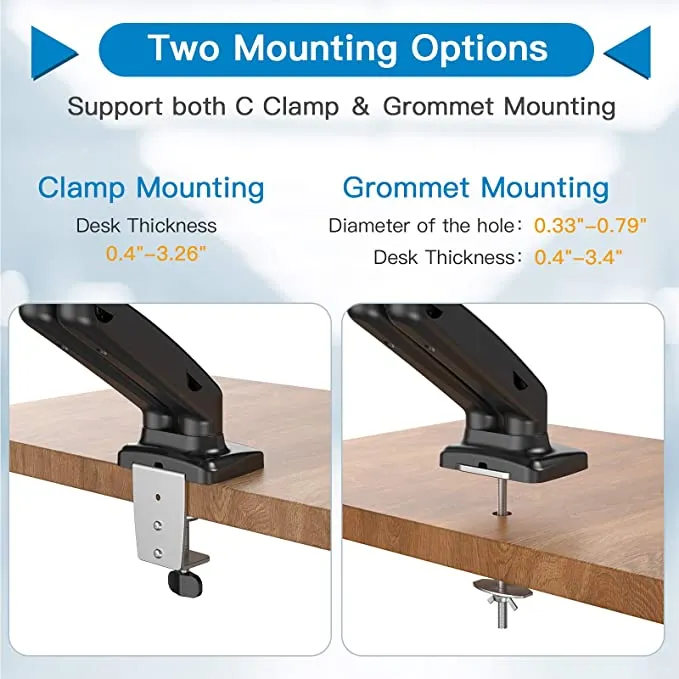 Dual Arm Monitor Stand - Adjustable Gas Spring Computer Desk Mount VESA Bracket with C Clamp/Grommet Mounting Base for 13 to 27 Inch Computer Screens