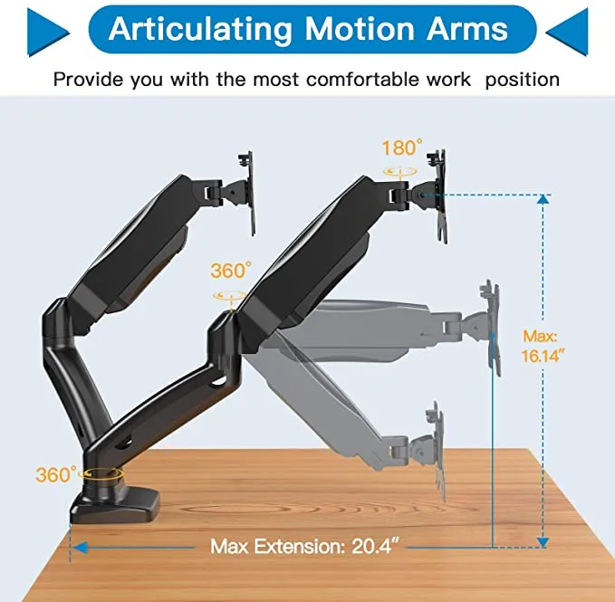 Dual Arm Monitor Stand - Adjustable Gas Spring Computer Desk Mount VESA Bracket with C Clamp/Grommet Mounting Base for 13 to 27 Inch Computer Screens