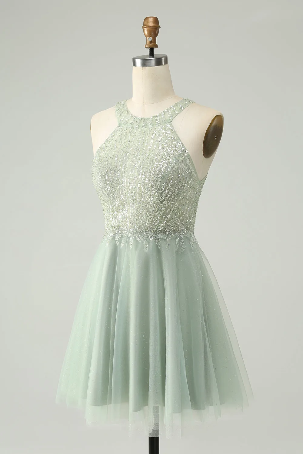 Dusty Green A Line Halter Short Homecoming Dress with Sequins