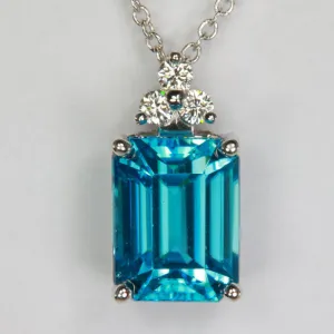 Emerald Cut Blue Zircon Pendant with Diamonds in 14k White Gold 4.84ct