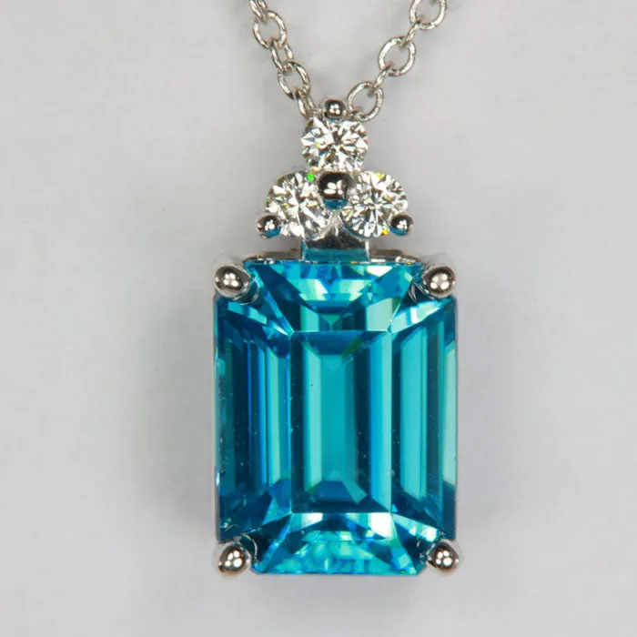 Emerald Cut Blue Zircon Pendant with Diamonds in 14k White Gold 4.84ct