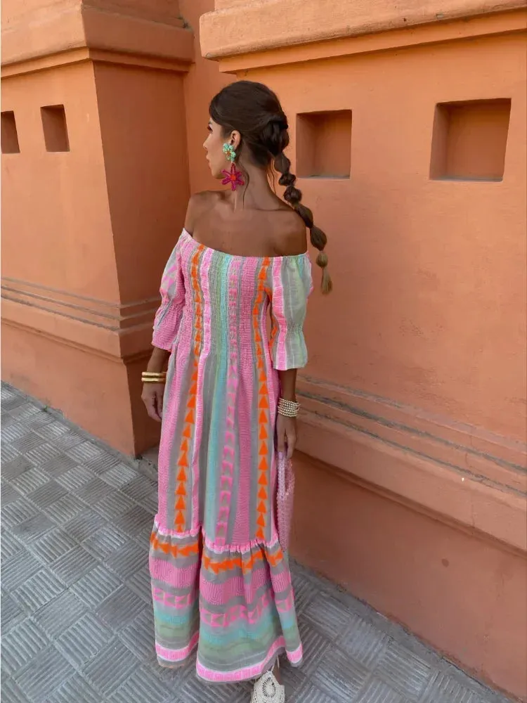 Fashion Colorful Stripe Print Long Dress Off Shoulder Ruffles