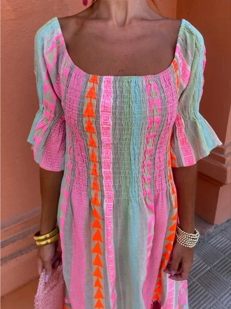 Fashion Colorful Stripe Print Long Dress Off Shoulder Ruffles