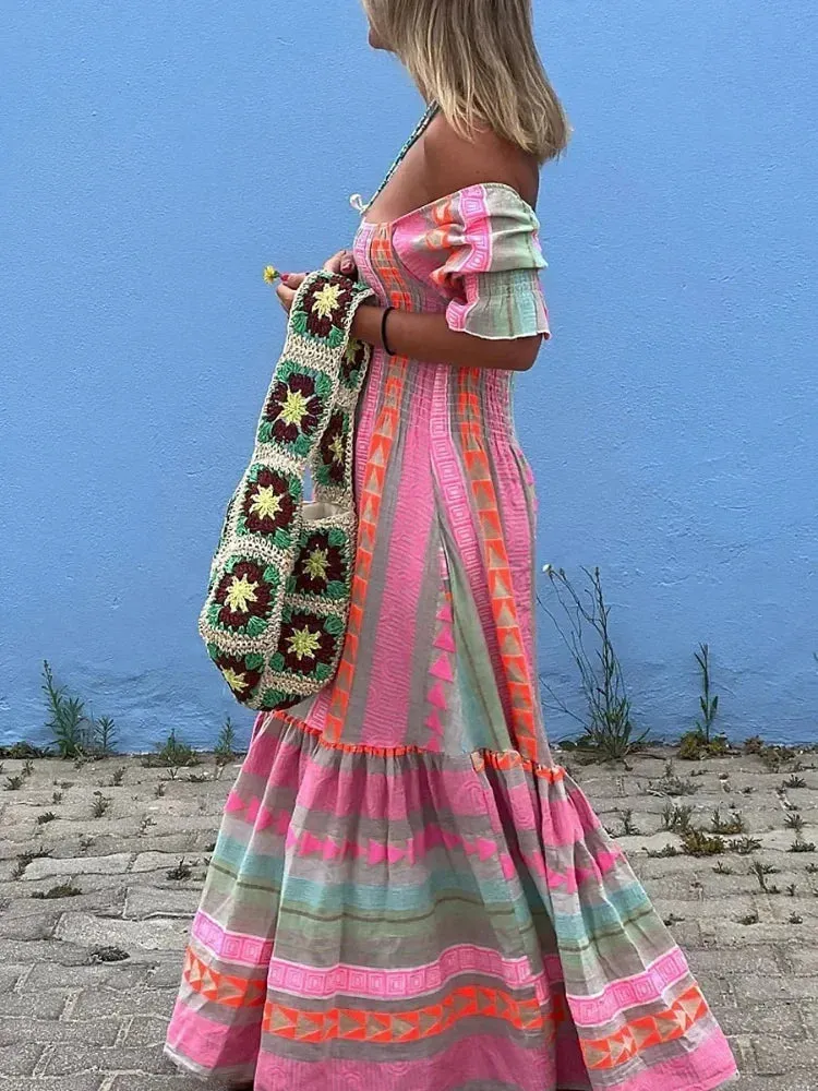 Fashion Colorful Stripe Print Long Dress Off Shoulder Ruffles