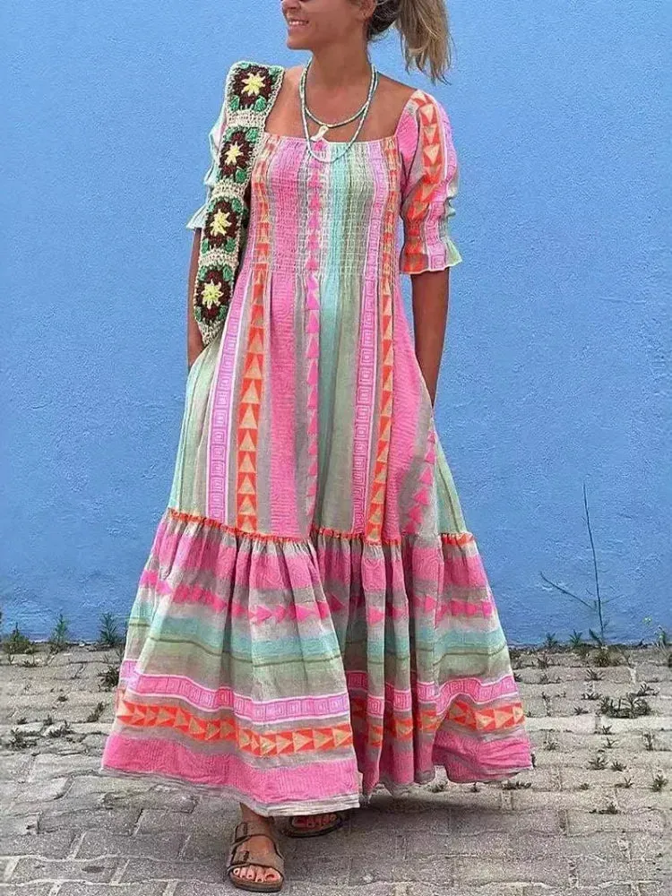 Fashion Colorful Stripe Print Long Dress Off Shoulder Ruffles