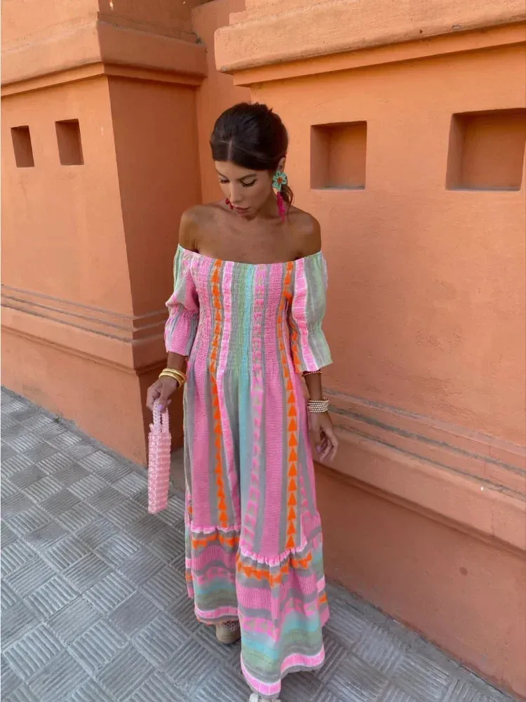 Fashion Colorful Stripe Print Long Dress Off Shoulder Ruffles