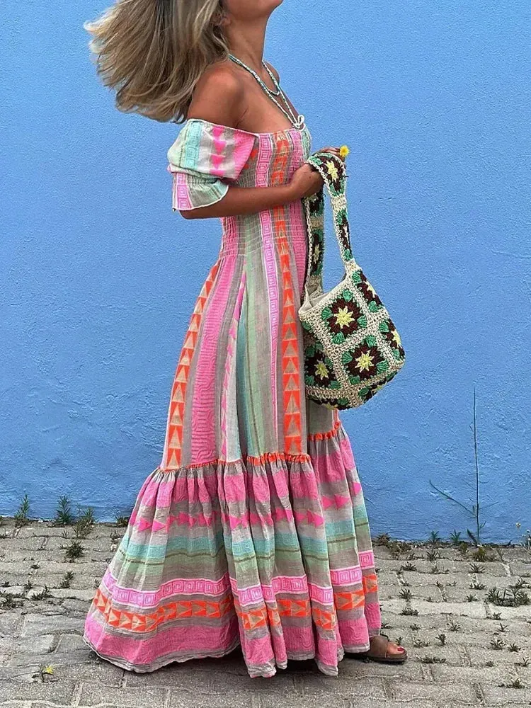Fashion Colorful Stripe Print Long Dress Off Shoulder Ruffles