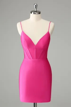 Fuchsia Tight Spaghetti Straps Pleated Short Homecoming Dress
