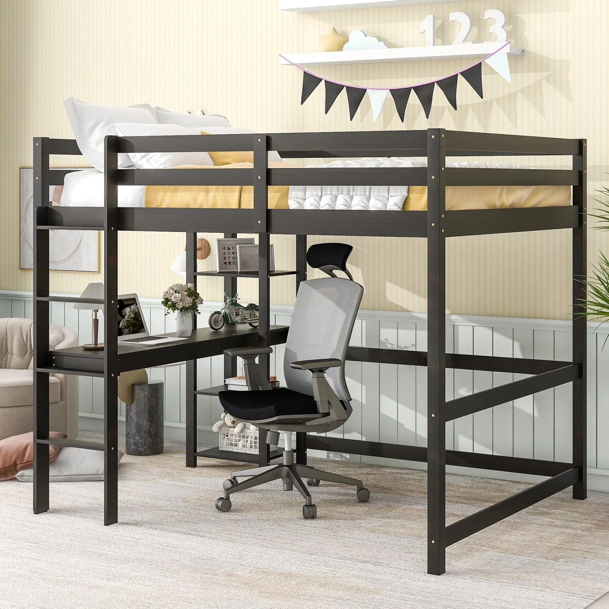 Full Size Pine Wood Loft Bed Frame with Built-in Desk Kids Ladder