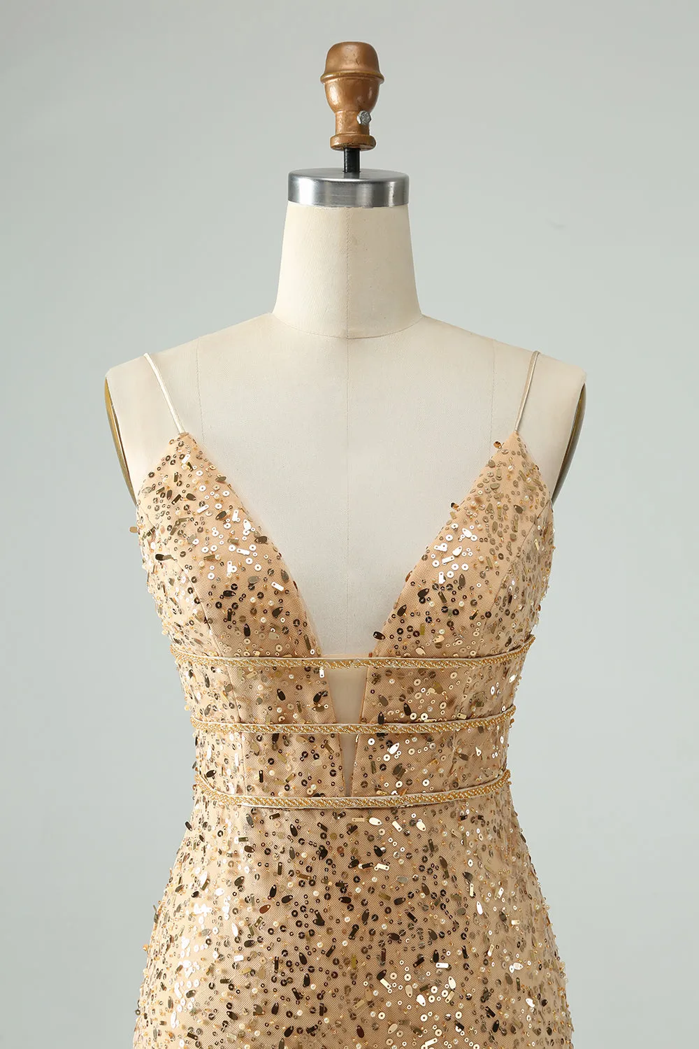 Glitter Golden Bodycon Spaghetti Straps Corset Short Homecoming Dress with Sequins