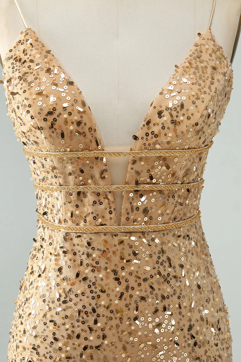 Glitter Golden Bodycon Spaghetti Straps Corset Short Homecoming Dress with Sequins